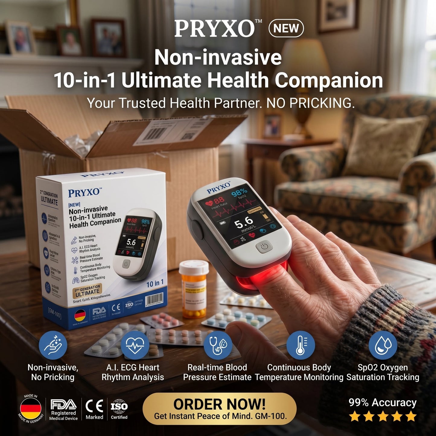 2026 Pryxo™ second generation 10-in-1 smart blood medical instrument / 10 health reports - No-Prick